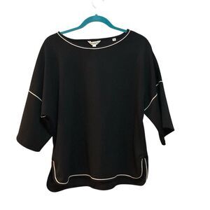Max Studio London Women’s Black Top Sz M Boat Neck 3/4 Sleeve Piping Trim